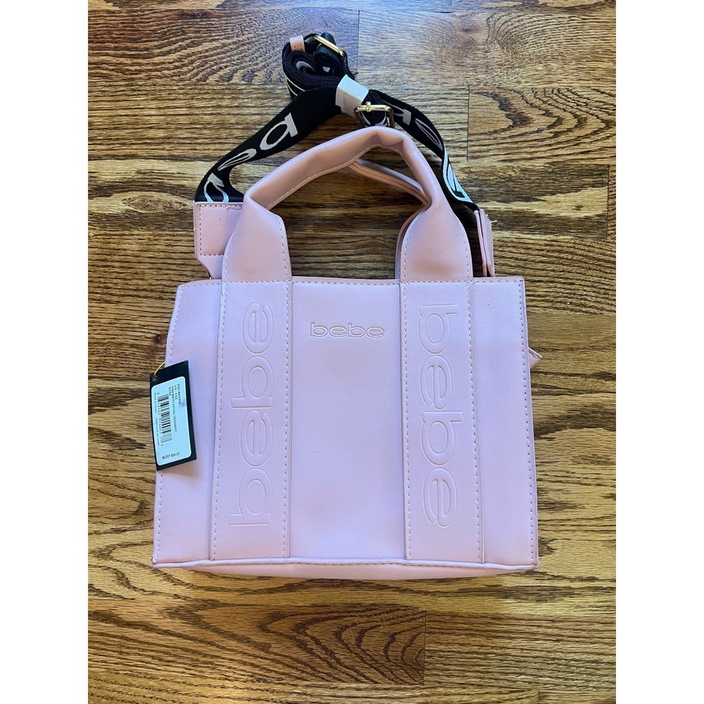 NWT Bebe Hana Mini Embossed‎ Satchel Crossbody OS Rose Pink Logo Strap Bag